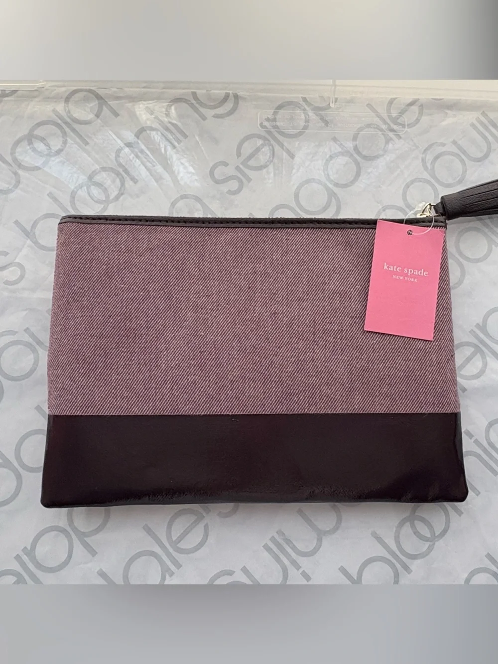 Pink and Brown Canvas Leather Zip Pouch Kate Spade Ash St. Logo Large Tassel